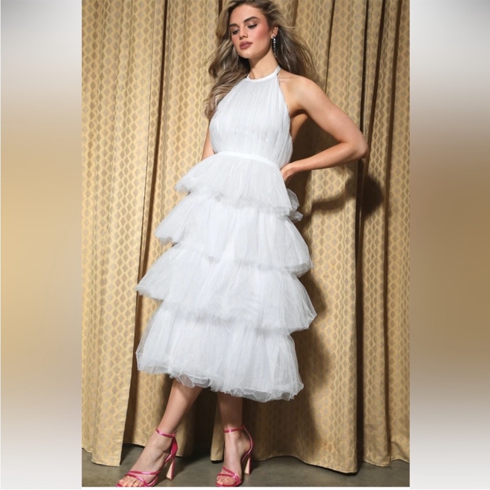 New Lulu's Magical Evenings White Tulle Halter Neck Tiered Midi Dress